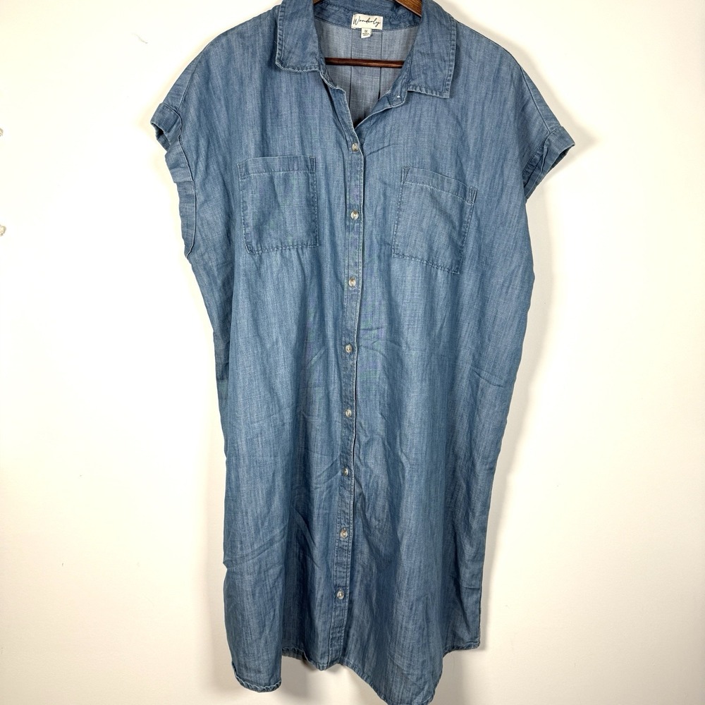 Women's‎ Wonderly Tshirt Dress Denim Button Down Cap Sleeve Size 1X Medium Wash